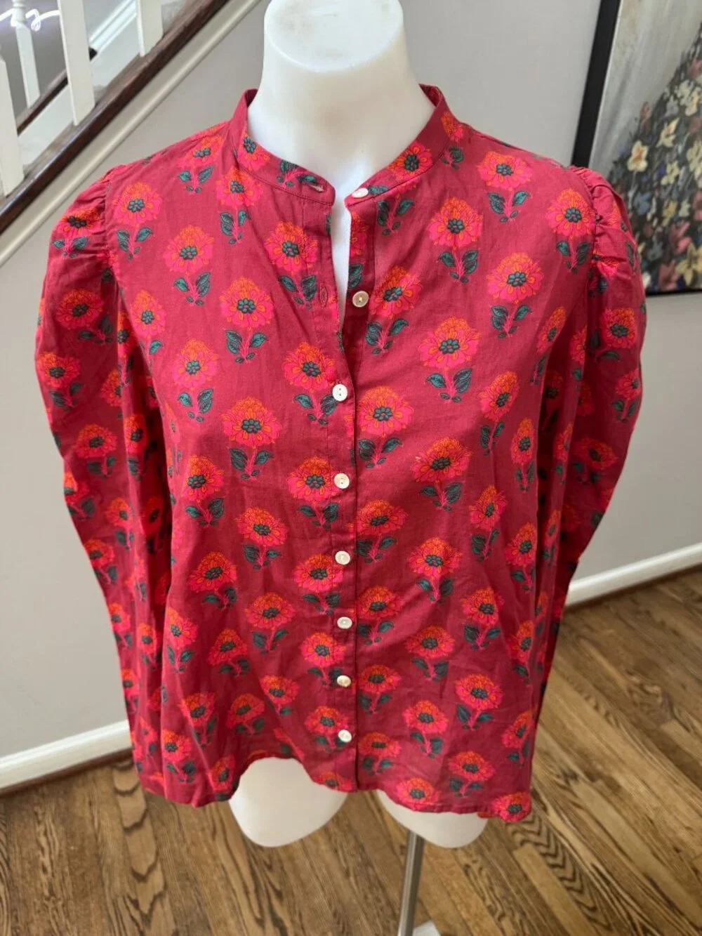Desert Queen Becca Button Down Shirt Floral Red 100% Cotton 38 Small